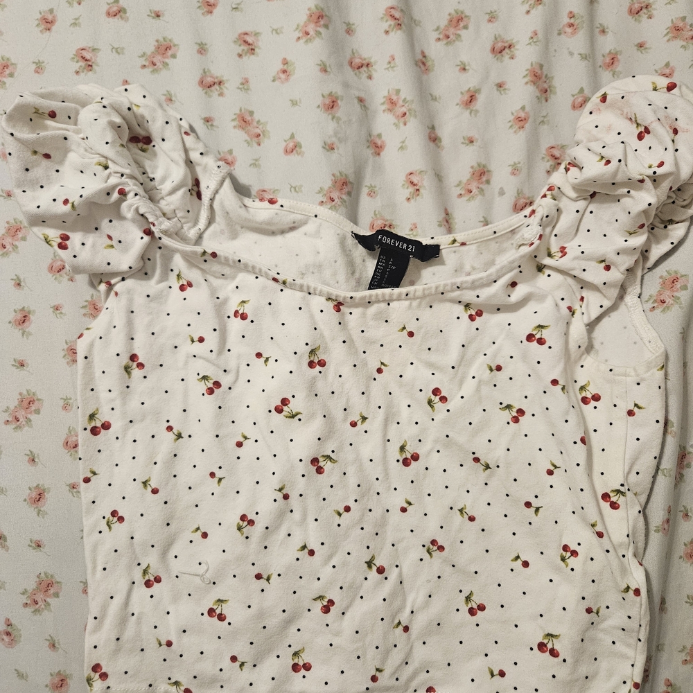 White Cherry Print Top